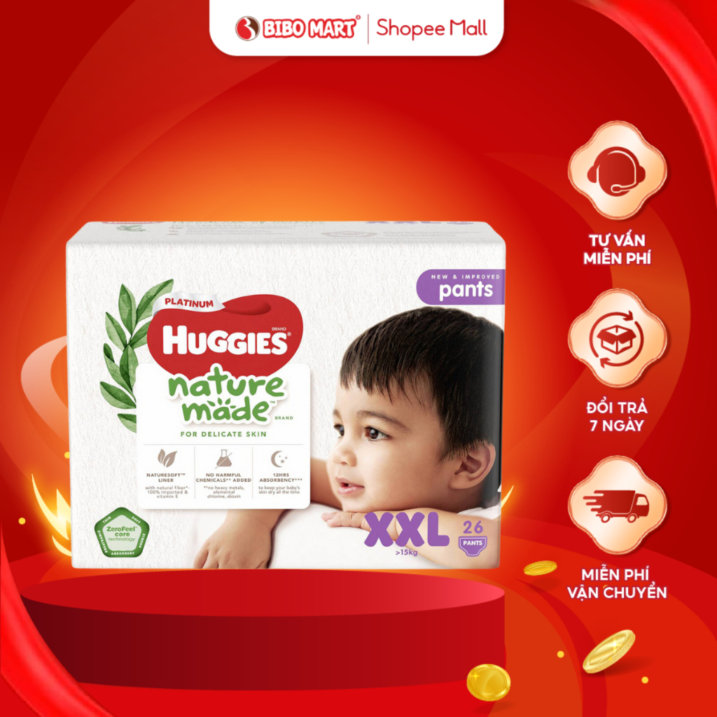 Bỉm Tã Quần Huggies Platinum Nature Made Thấm Hút Khóa Tràn Vượt Trội Size XXL26 Cho Bé Trên 15kg - Bibomart