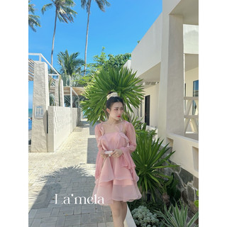 <La’mela> Váy 2 dây đính nơ - Tặng kèm áo khoác tay loe
