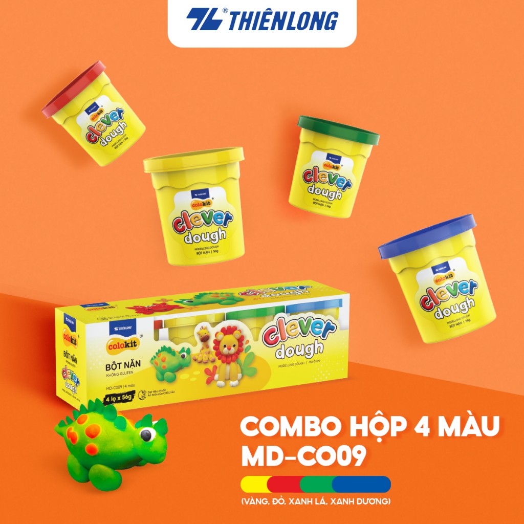 Bột nặn Clever Dough Thiên Long Colokit MD-C009, hộp gồm 4 màu cơ bản, thành phần tự nhiên, an toàn 