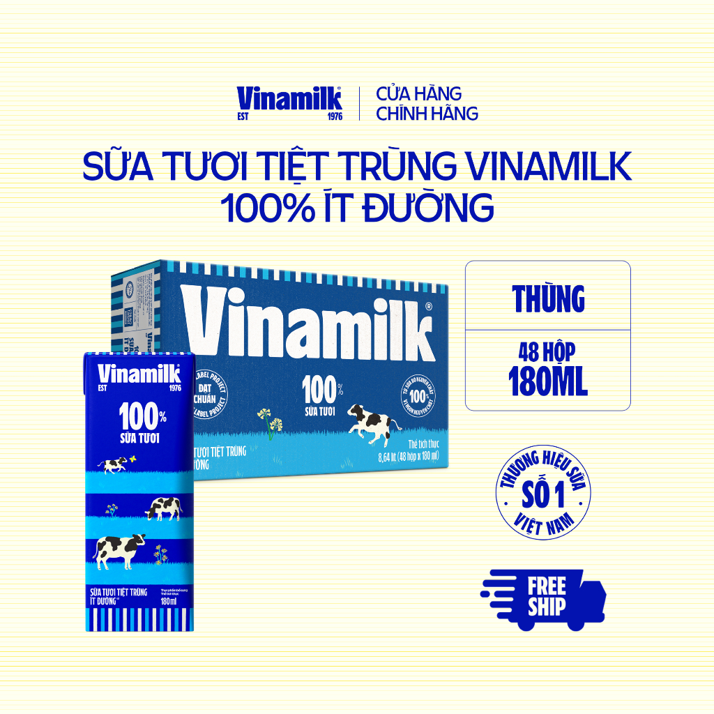  Thùng 48 Hộp Sữa tươi tiệt trùng Vinamilk 100% Ít Đường 180ml 