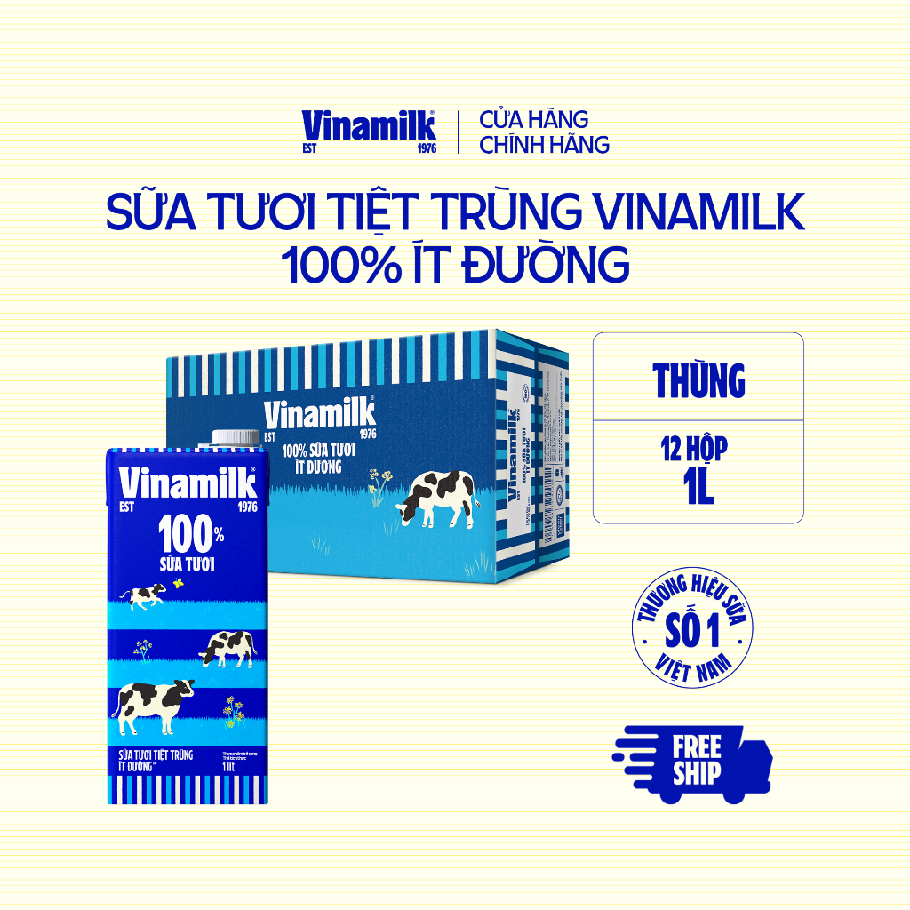 Thùng 12 hộp Sữa tươi tiệt trùng Vinamilk 100% ít đường Hộp giấy 1L