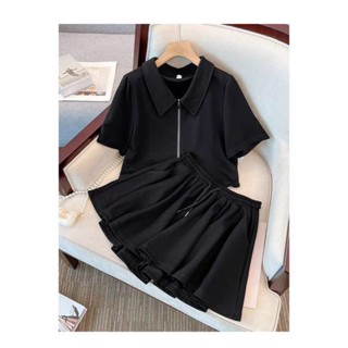 Đồ bộ thiết kế Bigsize nữ áo thun tay ngắn cổ bẻ khóa kéo tà nhọn hai bên và quần short đùi lưng chun co giãn - SET18