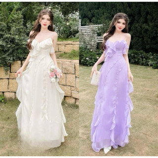 Đầm midi tiểu thư 2 dây voan phối bèo siêu sang