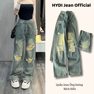 Quần jean ống suông nữ HYDI rách gối cá tính basic ,quần bò ống rộng ôm eo hack dáng che khuyết điểm