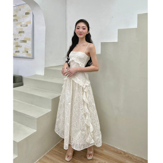 EL.RÊVER- Đầm midi dây xòe ren phối nơ- Màu KEM- 0423D48