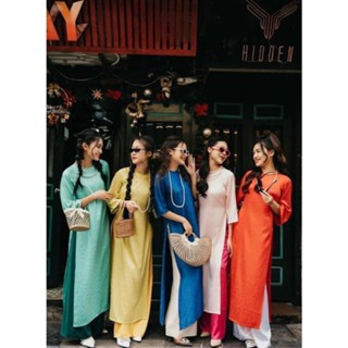 Áo dài cách tân gấm suông cổ tròn màu hồng pastel siêu xinh