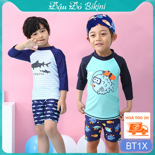 Bộ đồ bơi 2 mảnh bé trai tay lỡ chống nắng, tặng kèm mũ, vải bơi thun lạnh dày dặn co giãn 4 chiều mịn mát, phom xịn đẹp