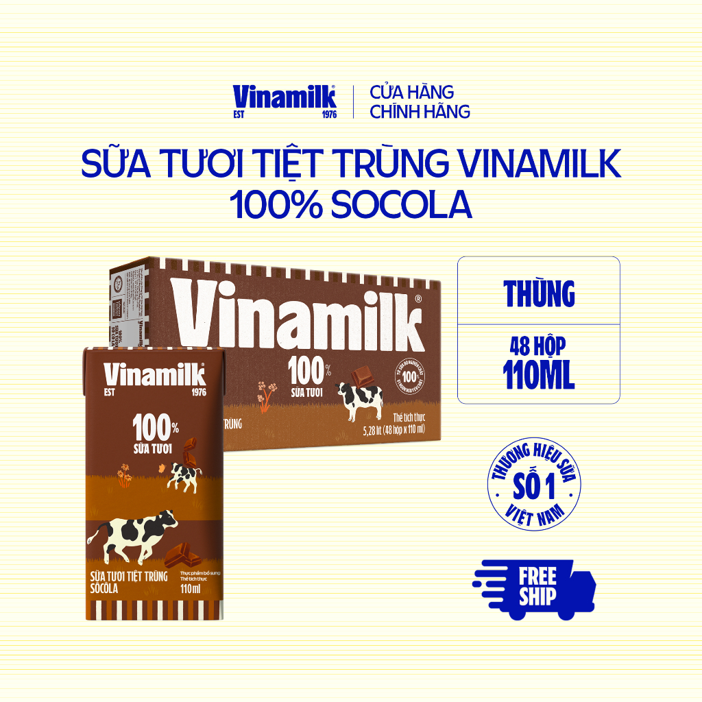 Thùng 48 hộp sữa tươi Vinamilk 100% socola 110ml