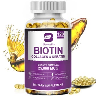 BEWORTHS Viên nang Vitamin Biotin với Collagen & Keratin 25000 mcg cho Tóc khỏe Móng & Xương Làn da rạng rỡ cho Phụ