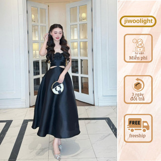 Đầm đi dự tiệc, váy dự tiệc 2 dây dáng xòe dài cut eo đính hoa 3d trước ngực thiết kế