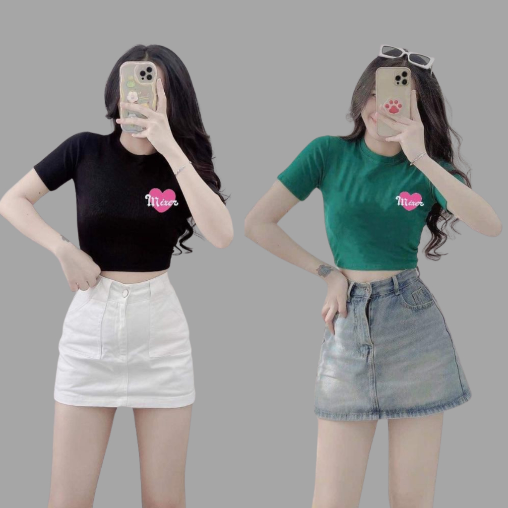 Áo thun croptop nữ [chữ Mixer phối trái tym] nhiều màu xinh, phối đồ dễ dàng, dễ thương Cotton Women