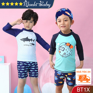 Set đồ bơi bé trai tay lỡ, vải thun bơi Hàn co giãn 4 chiều, có mũ bơi, bộ bơi 2 mảnh con trai dày dặn đẹp | BT13-18-21