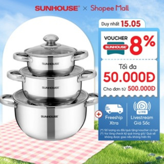 Bộ nồi Inox 3 đáy Sunhouse SH334 size 16cm-20cm-24cm - Đáy từ dùng mọi loại bếp - 3 lớp đáy - Hàng chính hãng