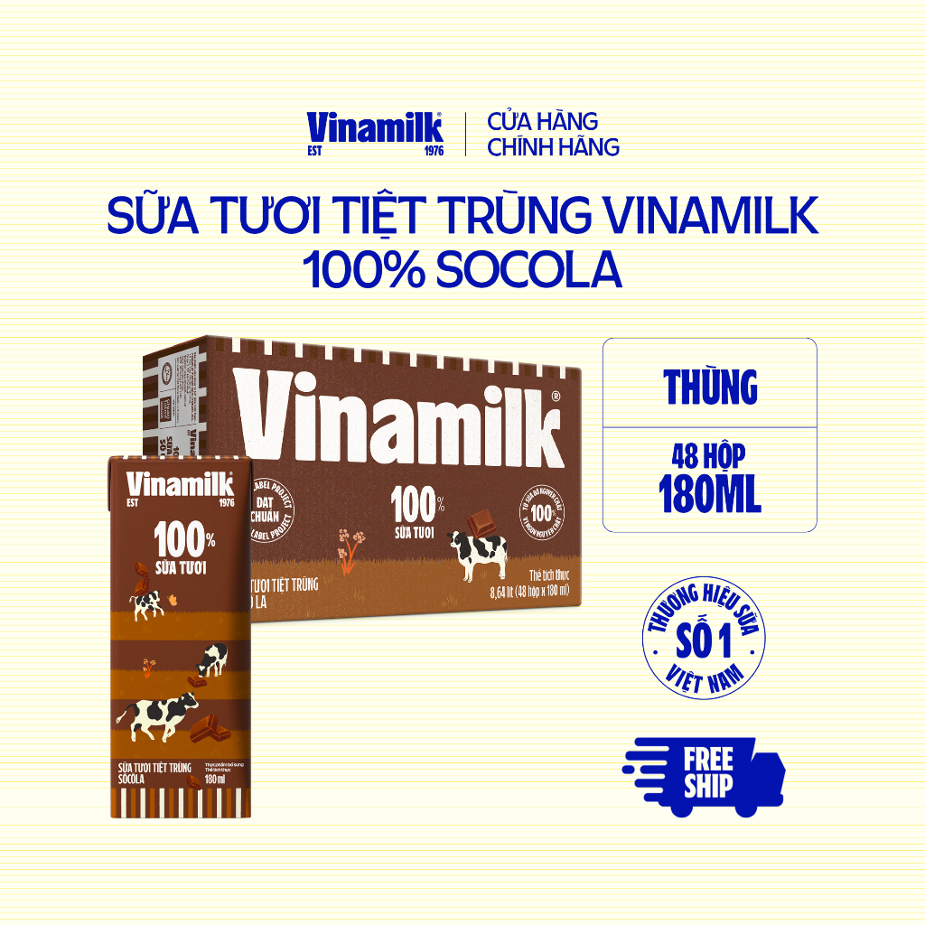  Thùng 48 hộp sữa tươi tiệt trùng Vinamilk 100% Hương Socola 180ml 