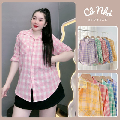 Áo Sơ Mi Bigsize Nữ Tay Dài Kẻ Caro Form rộng Vạt Bầu Có Túi Vải Linen Thô Mềm Mát SM161