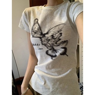 Focus Local brand áo thun baby tee xám tiêu 2024 mùa hè áo phông nữ in hoạt hình cổ tròn nữ 100%cotton