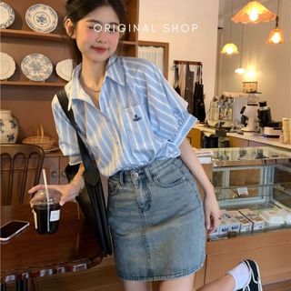 ORIGINAL Áo Sơ Mi Nữ Ngắn Tay Áo Sơ Mi Kẻ Sọc Tay Phồng