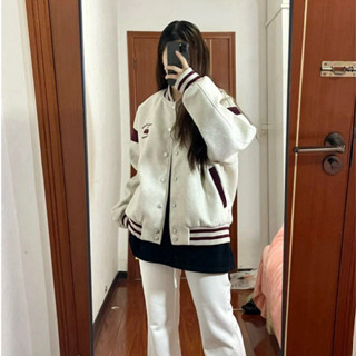  sẵn xxl-Áo khoác bóng chày xám sọc tay hoạ tiết thêu phong cách cho nữ mùa xuân thu mới hợp thời trang áo khoác bf namnữ 