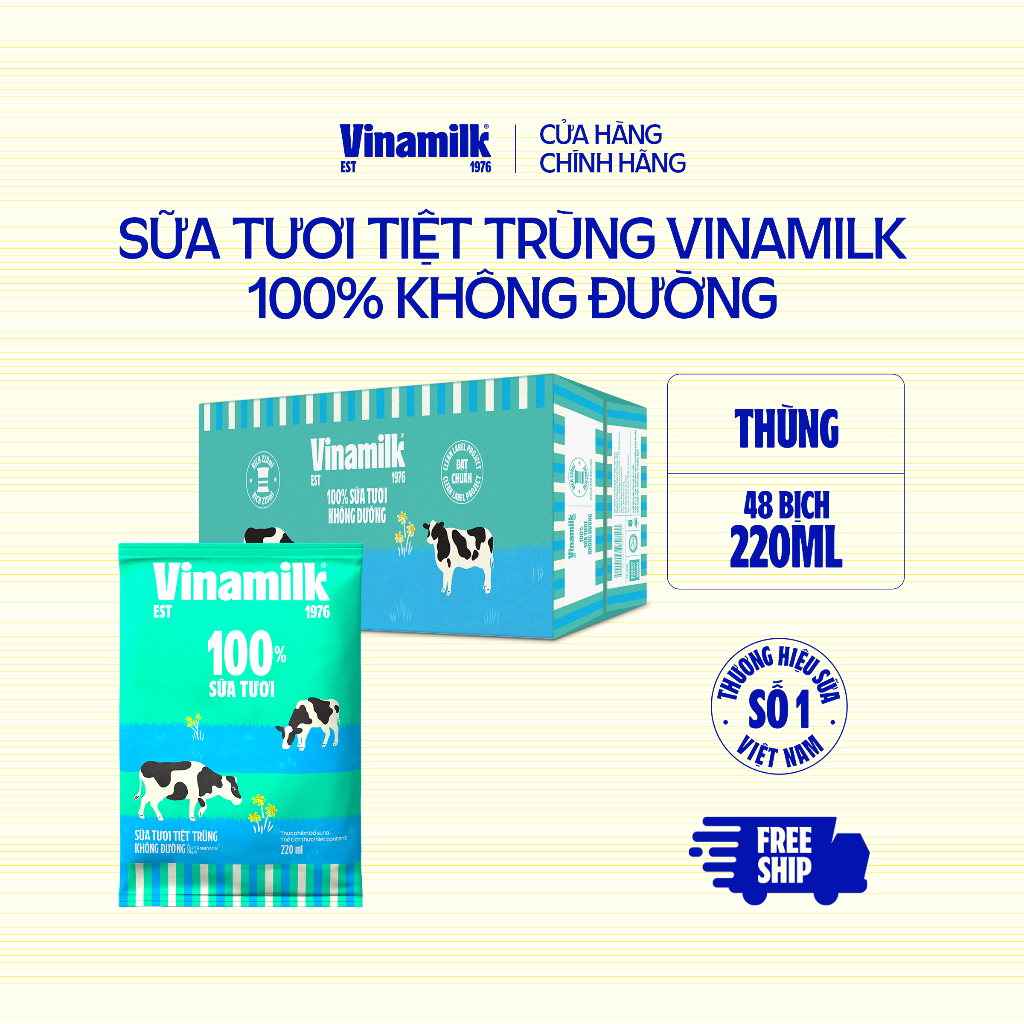  Thùng 48 bịch Sữa tươi tiệt trùng không đường Vinamilk 100% Sữa tươi 220ml 