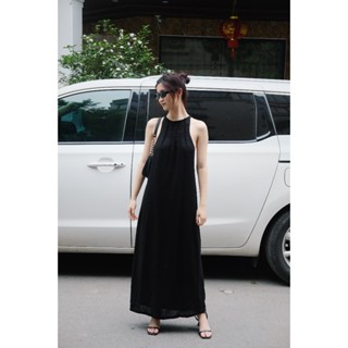 Đầm linen Sand Dress cố yếm thiết kế vặn xoắn lưng dáng suông dài | Tranbe Local