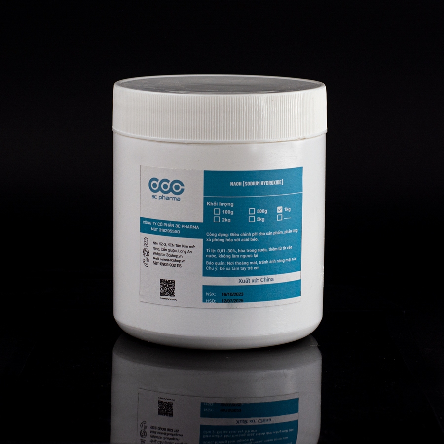 NaOH (Sodium hydroxide) 1kg làm xà phòng, nguyên liệu làm mỹ phẩm - 3C