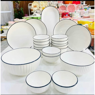Bộ bát đĩa chén đĩa Bát Tràng sét 23 chi tiết trắng viền đen tráng men cao cấp