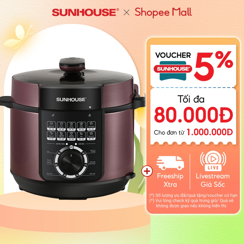 Nồi áp suất điện đa năng Sunhouse SHD1657 | Dung tích 6L | Công suất 1000W | Lòng nồi chống dính cao cấp, an toàn