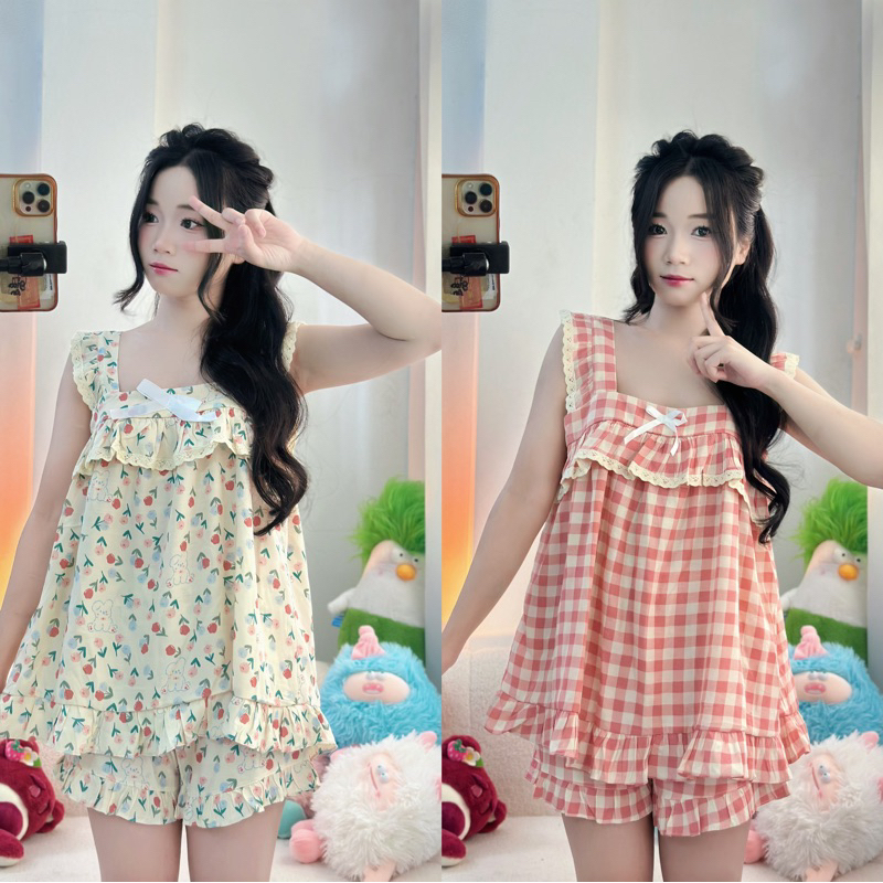 Bộ ngủ tiểu thư , bộ pijama chất liệu ĐŨI LẠNH MỀM  áo cánh tiên viền ren Bộ ngủ nữ,Pijama cổ vuông 