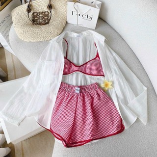 Sét Bộ Sơ Mi Tơ Xịn Kèm Bra Và Quần Short Vải Đũi Cao Cấp_ Sét 3 Món Đi Biển Du Lịch, Bộ Thiết Kế Cao Cấp Sang Chảnh