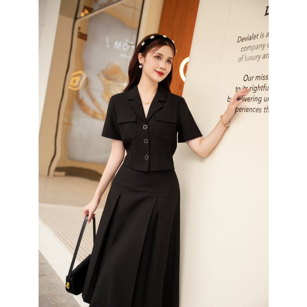 SET SƠ MI CỔ VEST PHỐI CHÂN VÁY XẾP LY SET066