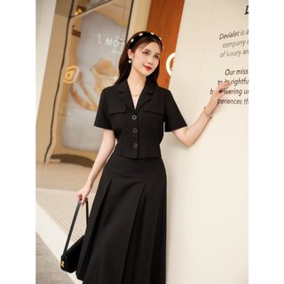 Set sơ mi cổ vest phối chân váy xếp ly set066