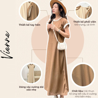 Váy Tay Hến Phối Viền Dáng Xòe Vienne Chất Vải Thun Tổ Ong, Đầm Dáng Dài Xuông Thoáng Mát V07