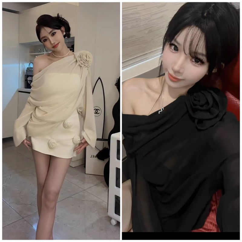 Áo Voan Lệch Vai Xếp Li Kết Hoa Siêu Sang Cho Nữ TH18