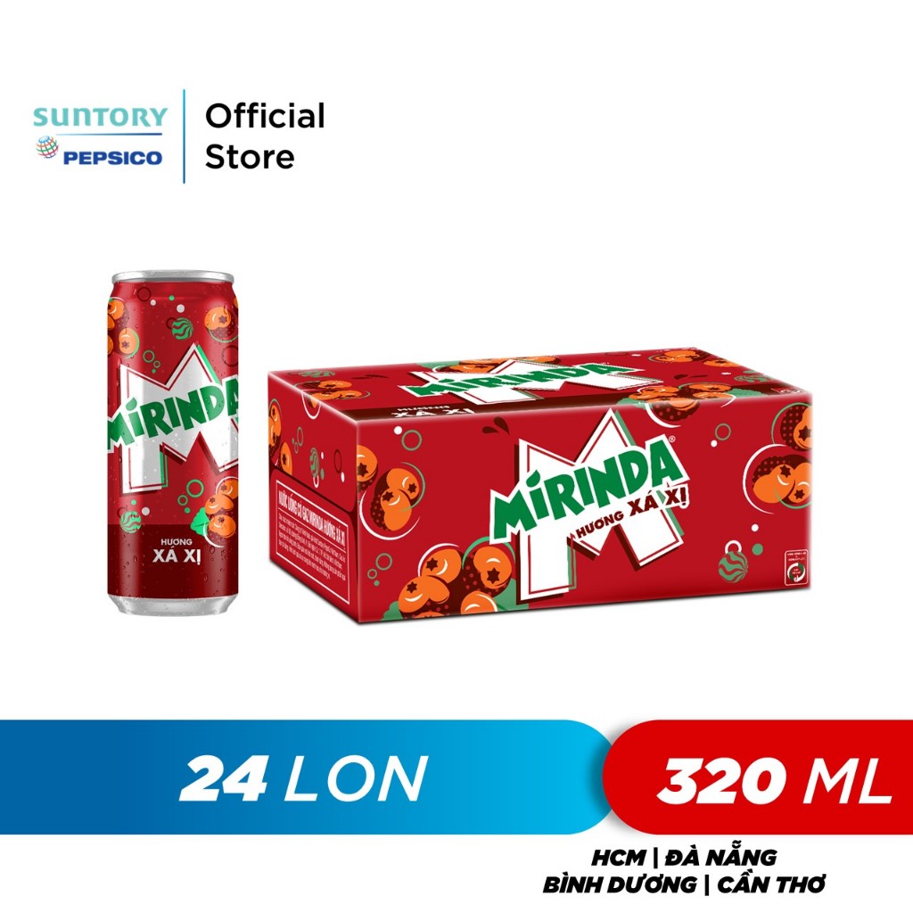 Thùng 24 Lon Nước Ngọt Có Gaz Mirinda Xá Xị (320ml/lon)