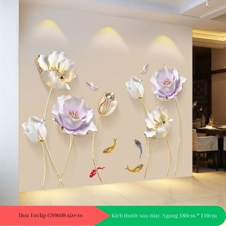 Decal dán tường hoa ly 3D trắng hồng