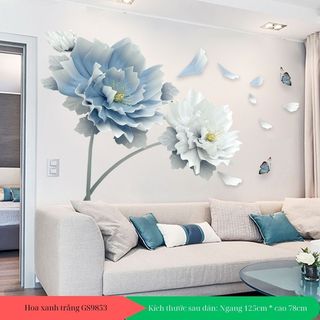 Decal dán tường hoa 3D xanh trăng