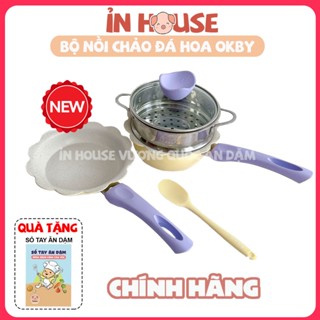 Bộ nồi chảo men đá chống dính, kèm hấp hình bông hoa nấu đồ ăn dặm cho bé dùng được bếp từ-Ỉn House