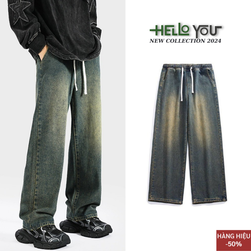 Quần jean ống rộng nam nữ cạp chun Unisex Helloyou, quần jean ống suông cạp chun giá rẻ, quần bò cạp chun