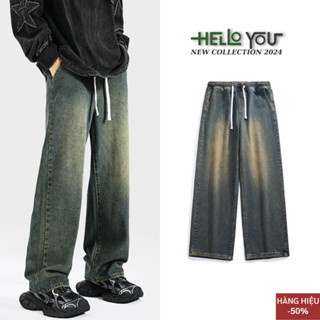 Quần jean ống rộng nam nữ cạp chun Unisex Helloyou, quần jean ống suông cạp chun giá rẻ, quần bò cạp chun
