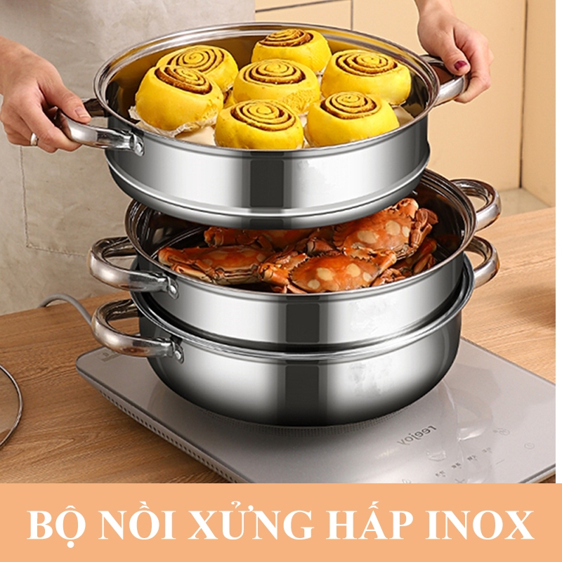 Nồi hấp Inox HABO Bộ nồi hấp 2 tầng kèm xửng hấp bằng thép không gỉ bền bỉ đường kính lớn hấp trứng thức ăn và rau củ