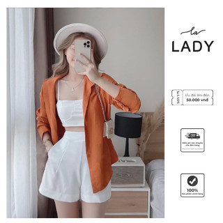 Bộ đồ 3 món đi biển LaLADY Với thiết kế áo 2 dây có bo chun, quần cài cúc kèm theo áo khoác ngoài chống nắng cho các ce