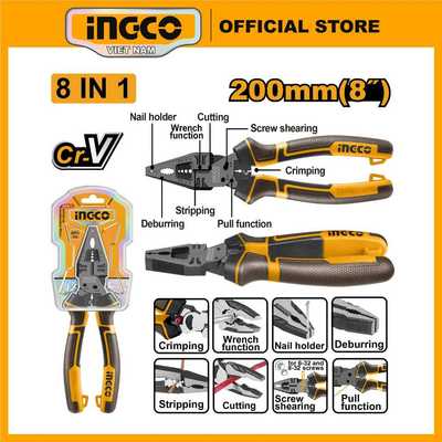 Kìm tuốt dây điện đa năng cắt, kẹp, bấm cos tước INGCO 6 in 1 HMFLNP28200 8"/200mm| 8 in 1 HMFCP28200 8"/200mm thép Cr-V