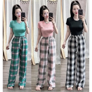 Sét bộ đồ nữ Thun Tăm Áo cổ tròn Mix quần sọc Caro vuông trẽ trung sang trọng