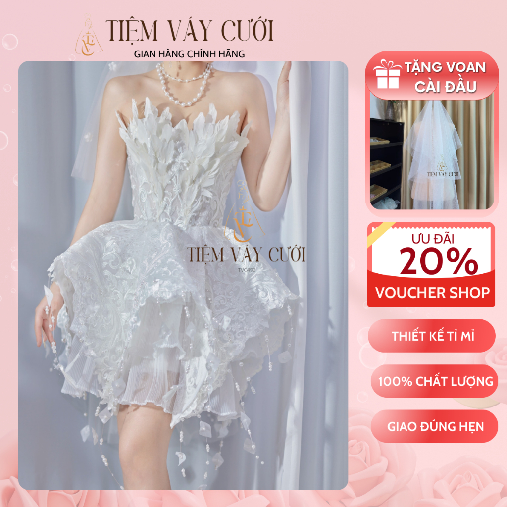 [Tặng Voan + Mút Ngực] Váy Cưới Đi Bàn, Đầm Cưới Ngắn, Cúp Ngực, Hoa 3D, TVC492