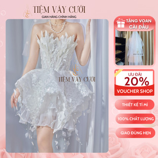 Váy cưới cô dâu 💖tặng voan cài đầu💖 đầm cưới ngắn, vải voan, đính ren, váy tvc492