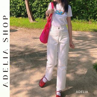  「ADELIA」Quần Jeans Trắng Ống Đứng Cạp Cao Adelia.Shop Phối 2 Túi Trước Thanh Lịch Nhẹ Nhàng TD309 