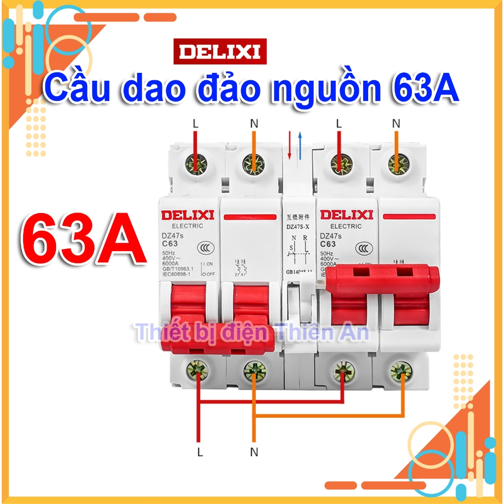 Cầu dao đảo chiều 2P 63A  Át đảo chiều át chuyển đổi hai nguồn điện 2P 63A DZ47s