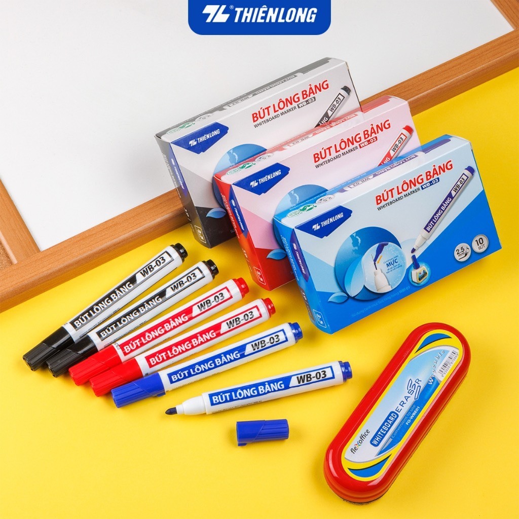 Bút lông bảng xóa được Thiên Long WB-03 nét 2.5mm mực xanh đỏ đen không độc hại bơm mực dễ dàng