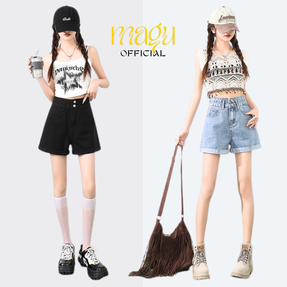 Quần Short Nữ Cạp Cao 2 Cúc, Quần Jean Nữ Ngắn MAGU Quần Sooc Bò Jeans Denim Y2K Basic lưng cao ôm eo tôn dáng