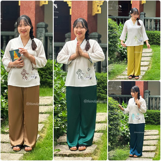 Đồ lam đi chùa nữ chất vải lụa thêu hạc Thiên Di - Pháp phục đi chùa nữ cao cấp dành cho phật tử D05